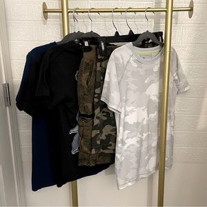 Lot of boys size Medium shirts and size 8 shorts.